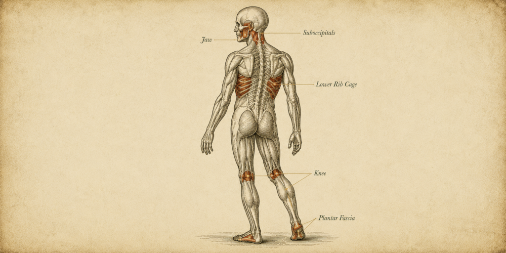 Renaissance anatomical engraving showing the compensation chain from suboccipitals to plantar fascia