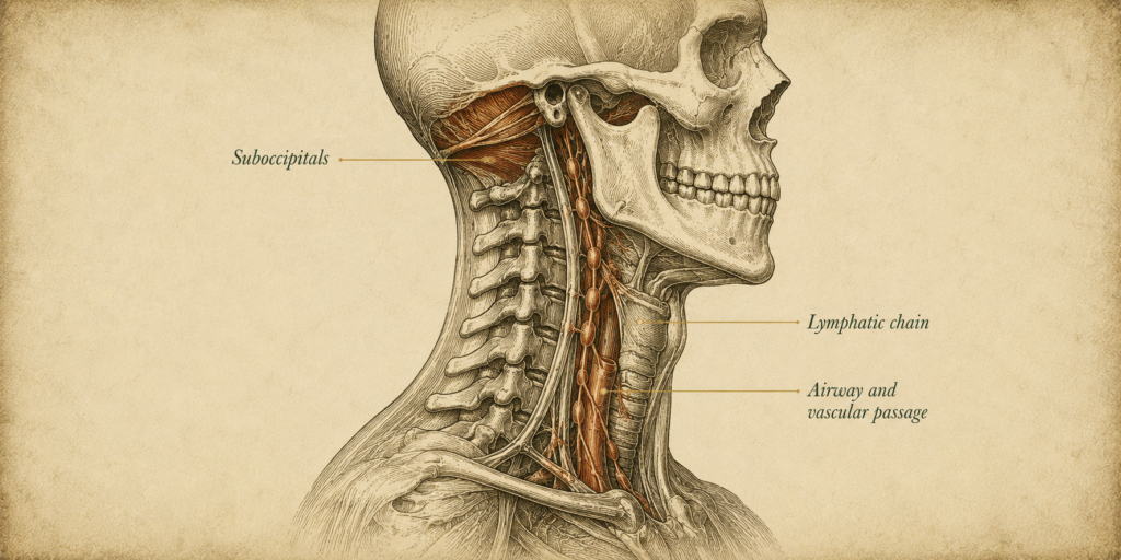 Renaissance anatomical engraving of the cervical spine showing the suboccipitals, lymphatic chain, and shared vascular passage of the neck.