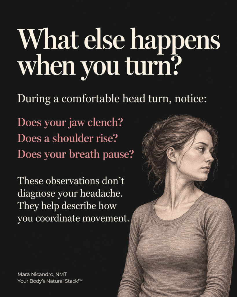 Seated woman looking sideways with her head facing forward, illustrating an eye-movement observation of jaw tension, breathing, and neck effort.