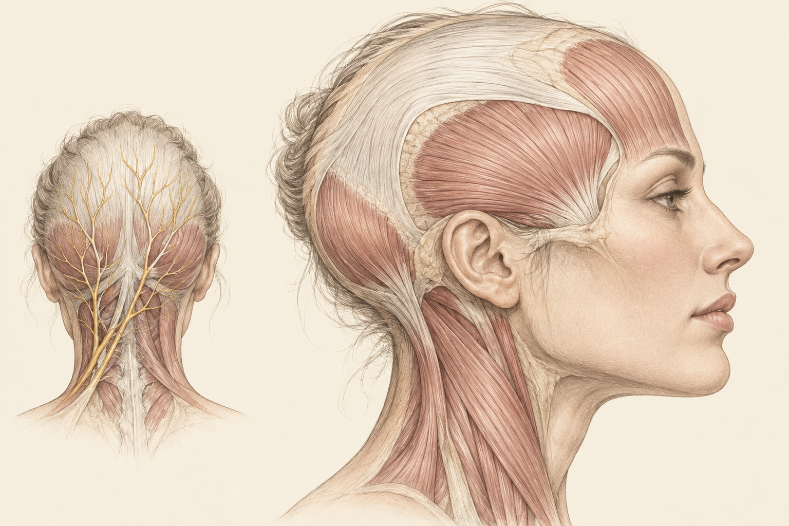 Anatomical illustration showing scalp connective tissue, head and neck muscles, and occipital nerves in side and rear views.