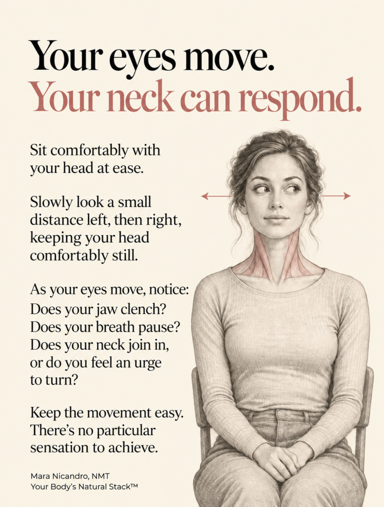 Seated woman looking sideways while keeping her head forward, accompanying an observation of jaw tension, breathing, and neck effort.