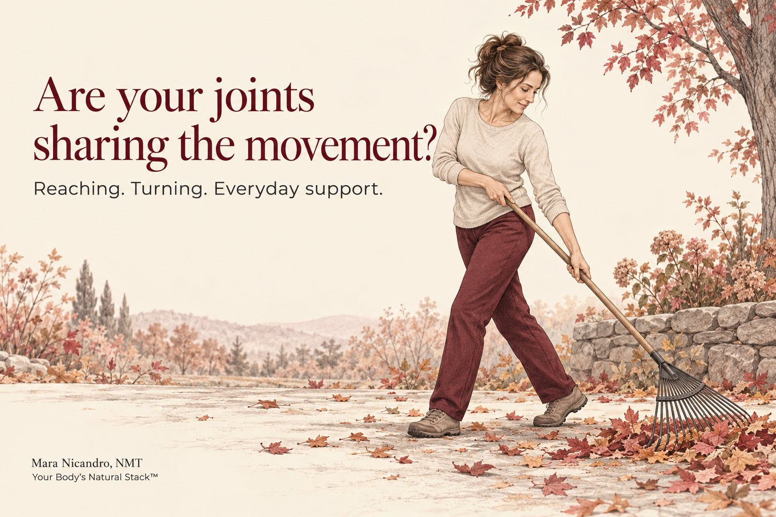 Illustration of a woman raking autumn leaves, with her full body, stance and arm reach visible.